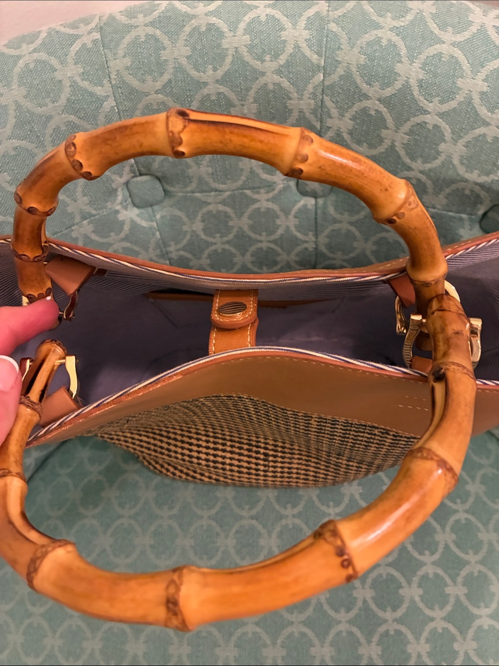 J McLaughlin Tan Woven Tote with Bamboo Handles - Designer Style - Picture 4 of 11